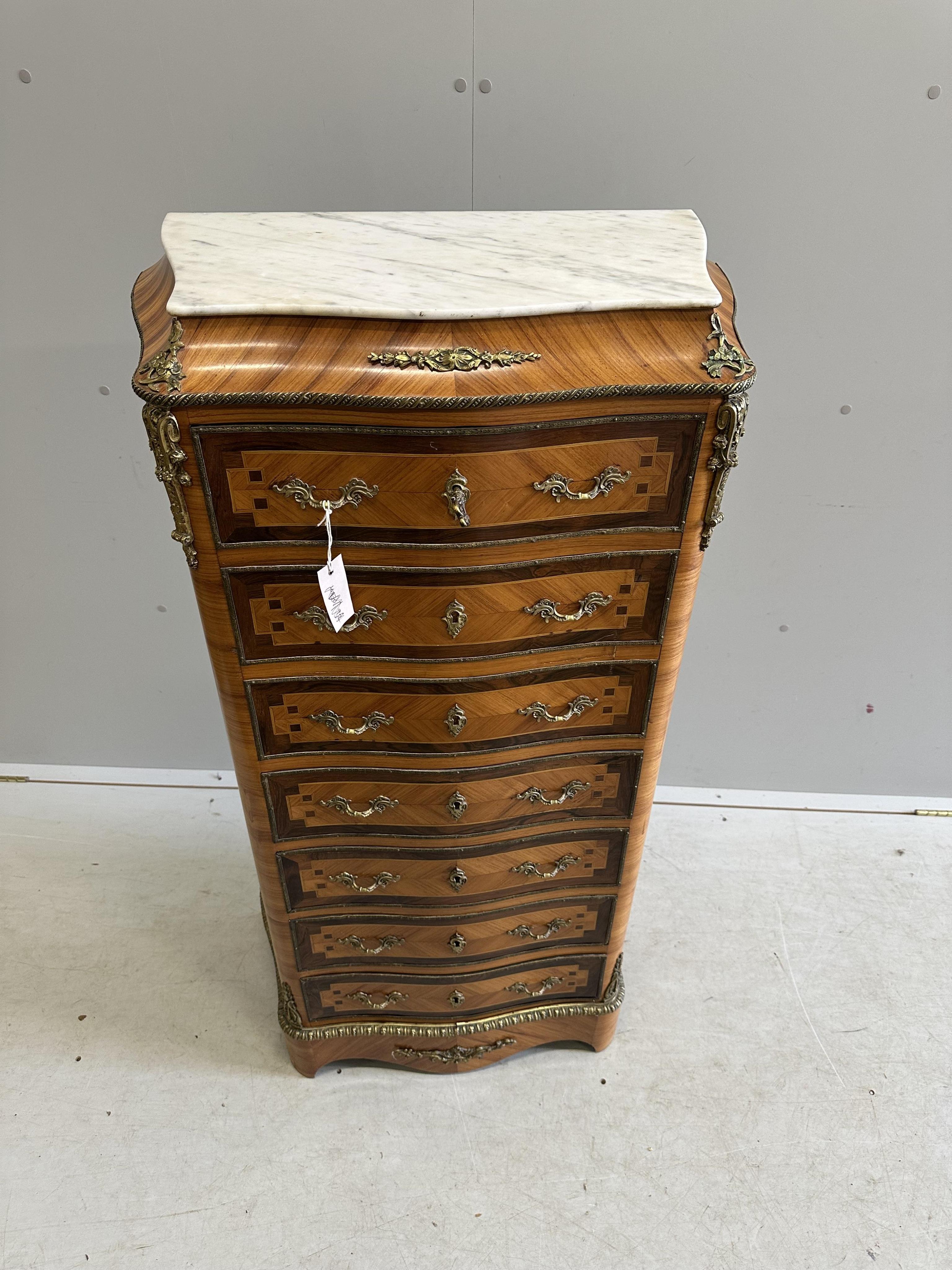 A Napoleon III style gilt metal mounted kingwood secretaire tall chest, width 64cm, depth 34cm, height 125cm. Condition - good